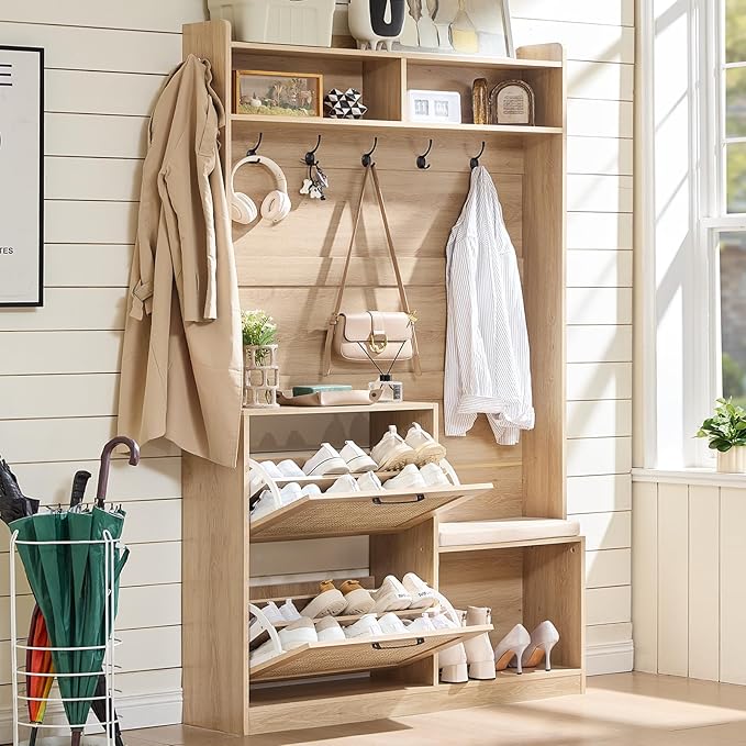 LEYAOYAO 78" Tall Boho Hall Tree with Bench & Shoe Storage, 4-in-1 Mudroom Rattan Coat Rack with 2 Flip Drawers & Cushioned Stool, Entryway Hall Tree Cabinet with 6 Hooks for Garage, Natural Oak