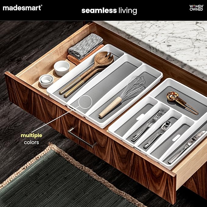 madesmart Classic 3-Compartment Plastic Utensil Tray for Drawers, Multipurpose Storage Tray Drawer Organizer, Carbon Large