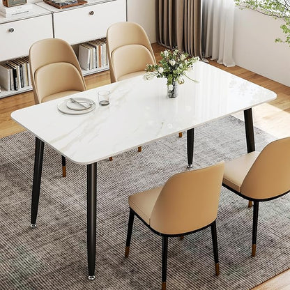 Dining Table, Sintered Stone Kitchen Table, 55'' White Modern Rectangular Slate Patio Table with Metal Legs, Indoor Outdoor Stone Dining Table for Patio, Backyard, Scratch and Heat Resistant