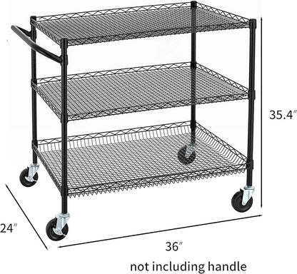 Finnhomy 3 Tier Heavy Duty Commercial Grade Utility Cart, Wire Rolling Cart with Handle Bar, Steel Service Cart with Wheels, Kitchen Carts on Wheels, Metal Cart Shelf Size 24" D x 36" W, NSF, Black