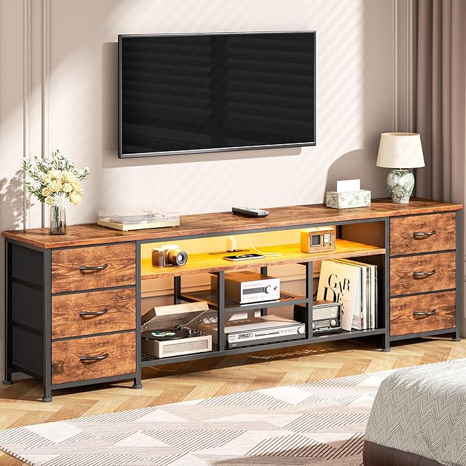Furologee LED TV Stand for 65, 75, 80 Inch TV, 71 Inch Entertainment Center with Power Outlets, 6 Fabric Drawers Dresser for Bedroom, Media Console with Open Shelves, Rustic Brown