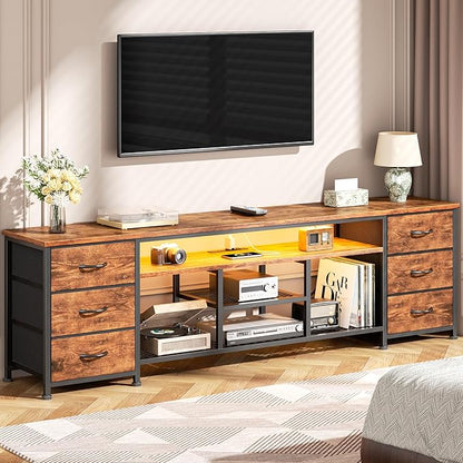 Furologee LED TV Stand for 65, 75, 80 Inch TV, 71 Inch Entertainment Center with Power Outlets, 6 Fabric Drawers Dresser for Bedroom, Media Console with Open Shelves, Rustic Brown