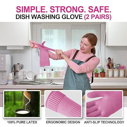DABOGOSA Mamison 2 Pairs Reusable Waterproof Household Dishwashing Cleaning Rubber Gloves, Non-Slip Kitchen Glove (Pink, XL (Pack of 2))