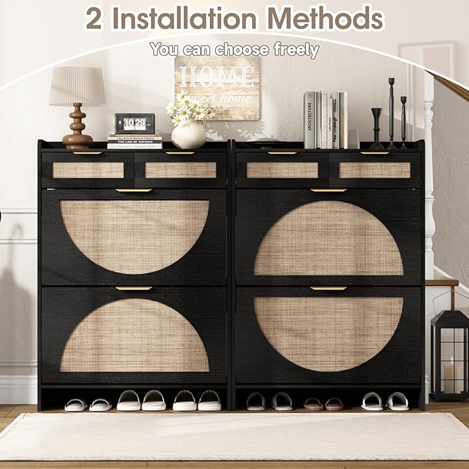 Rattan Shoe Storage Cabinet with 2 Flip Drawers & 2 Drawers, Freestanding Organizer for Front Door Entrance, Hidden Narrow Shoe Rack Cabinet Storage for Entryway, Black