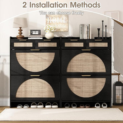Rattan Shoe Storage Cabinet with 2 Flip Drawers & 2 Drawers, Freestanding Organizer for Front Door Entrance, Hidden Narrow Shoe Rack Cabinet Storage for Entryway, Black