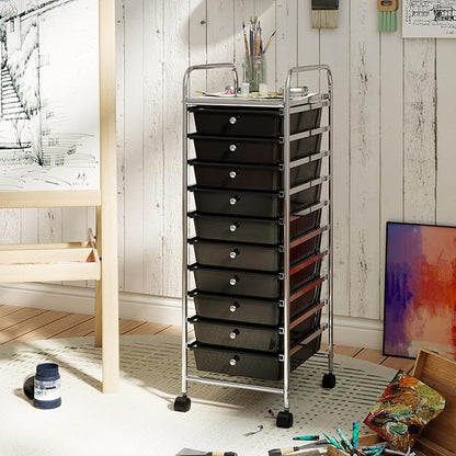 RELAX4LIFE 10-Drawer Rolling Storage Cart, Utility Cart with Metal Frame, Lockable Wheels & Removable Drawers, Multipurpose Art Craft Organizer for Home Office Classroom (Black)