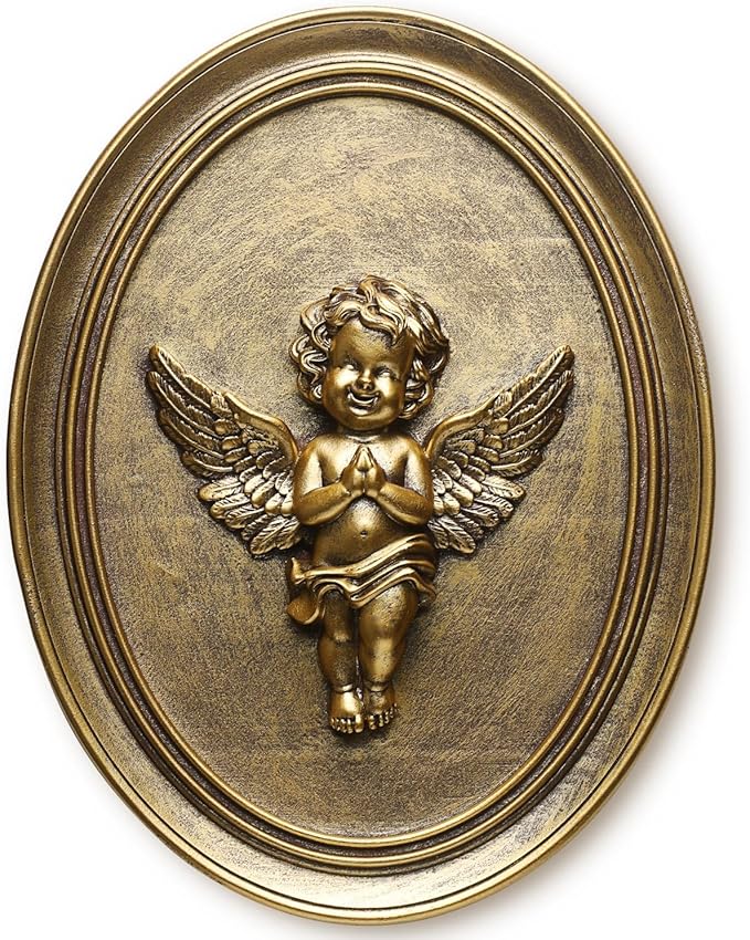 Newinhome Vintage Cherub Wall Sculpture Antique Wall Decor Hand Painted with Embossed Cherub Design, Oval Aesthetic Room Decor, Vintage Decoration for Living Room Hallway and Bedroom,Unique Gifts
