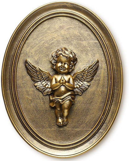 Newinhome Vintage Cherub Wall Sculpture Antique Wall Decor Hand Painted with Embossed Cherub Design, Oval Aesthetic Room Decor, Vintage Decoration for Living Room Hallway and Bedroom,Unique Gifts
