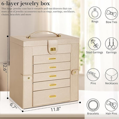 AKOZLIN 6-Tier Jewelry Box Organizer Functional 5 Drawers Leather Jewelry Storage Case for Women Girls Ring Necklace Earring Bracelet Holder Organizer with Mirror Extra Large Champagne