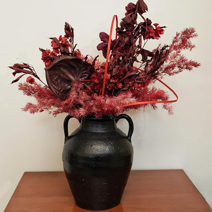 Wild Works Bailey Handmade Black Vase with 2 Ear Design - 9.6'' Tall Terracotta Vase, Vintage Rustic Antique Decor, Black Ceramic Vases, Flower for Living Room, Entrance,Wabi-sabi Decorations