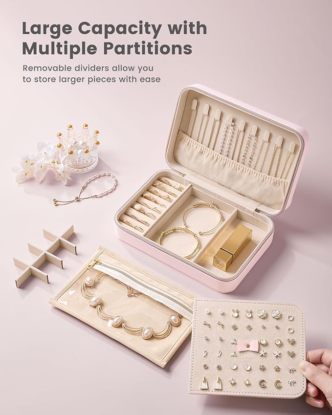 Lolalet Travel Jewelry Case for Women Girls, Travel Jewelry Organizer with Clear Storage Bag Small Portable Jewelry Box for Necklace Bracelet Earring Ring Valentines Bridesmaid Gifts -Large/Pink