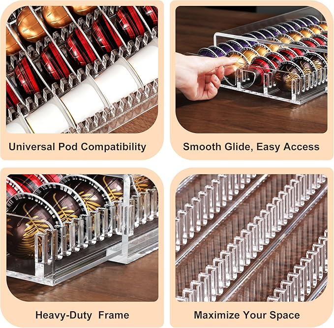 Coffee Pod Drawer Organizer for Nespresso Vertuo Pods,Acrylic Coffee Pod Holder Holds 40 Large or 60 Small Capsules or 28 K-Cups,Pull-Out Drawer with Anti-Slip Base for Home & Coffee Station,Crystal