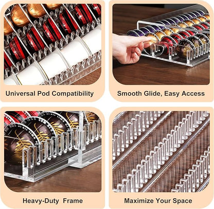 Coffee Pod Drawer Organizer for Nespresso Vertuo Pods,Acrylic Coffee Pod Holder Holds 40 Large or 60 Small Capsules or 28 K-Cups,Pull-Out Drawer with Anti-Slip Base for Home & Coffee Station,Crystal