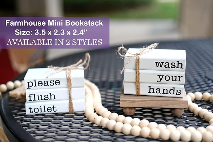 Farmhouse Mini Bookstack for Bathroom Decor Wooden Books for Restroom Shelf Decorative Accent for Guest Bathroom Sign, 2 Signs in 1 Reversible - Wash Your Hands/Relax Soak Unwind