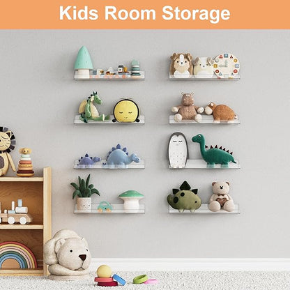 upsimples 16 Pack Acrylic Shelves for Wall Storage, 15" Floating Bookshelves for Kids, Display Shelf Organizer for Bathroom, Bedroom, Living Room, Kitchen, Room Decor, Clear