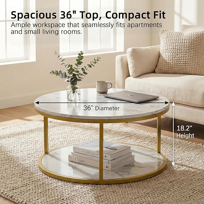 YESHOMY 36" Round Coffee Table, 2-Tier Wood Center Table with Storage Shelf, Heavy-Duty Metal Frame, Easy Assembly, Ideal for Living Room & Small Spaces, Black