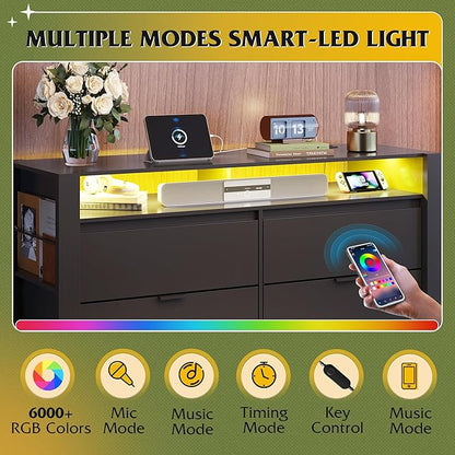 WLIVE 6 Drawer Led Dresser for Bedroom, 51" Black Wood Dresser Storage Organizer with Charging Station for 55" TV, Dressers with Open Shelves, Hanging Rack, Chest of Drawers for Closet, Living Room