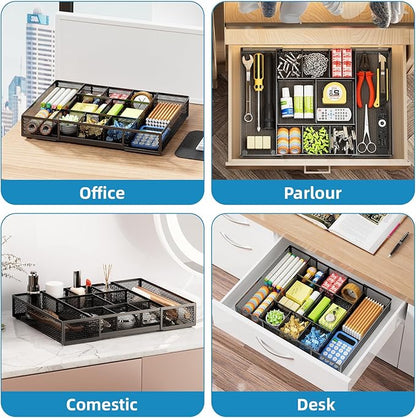 Marbrasse Expandable Desk Drawer Organizer, Mesh Drawer Organizer Tray with 10 Adjustable Compartments, Desk Organizers and Accessories for Office Supplies, Makeup & Vanity (Expandable Black-2 pack)
