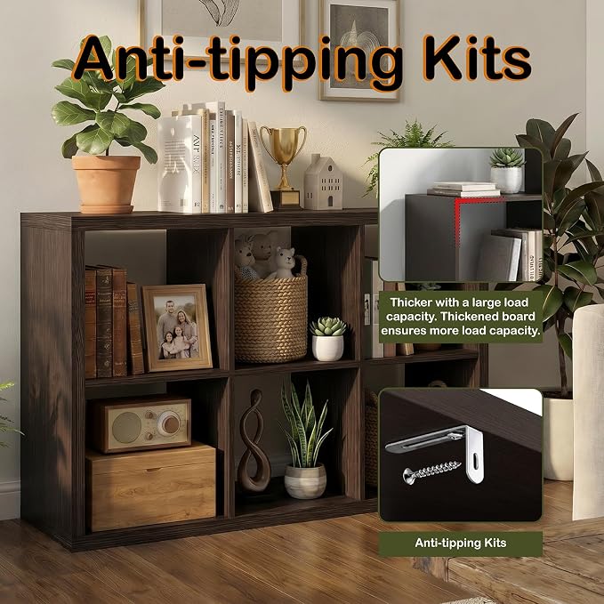WannabeMyself【2026 Wooden Thick Frame】 6 Cube Storage Organizer with Anti-Tipping Kits, Reversible Open Back Book Shelf,Bookcase for Living Room,Bedroom,Entrance Hall,Office,11.6×36.3×24.6,Chocolate
