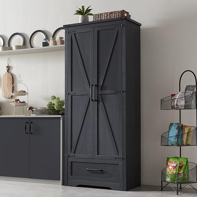 Farmhouse Kitchen Pantry Cabinet - 72" Tall Large Wood Kitchen Storage Cabinets with Adjustable Shelves & 2 Barn Doors & Drawer, Versatile Storage for Dining Room, Bathroom, Living Room, Antique Black | Large, Adjustable Shelves, 2 Barn Doors, Drawer, ...