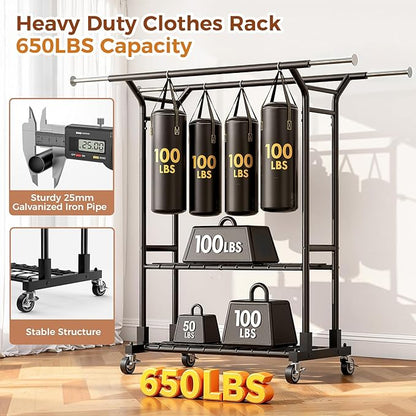 Luxspire Heavy Duty Clothes Rack Load 650 LBS, Double Rod Clothing Racks for Hanging Clothes, Rolling Garment Racks with Lockable Wheels, Shelves, Adjustable Laundry Hanging Rack, Black