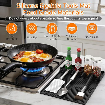 Griddle Mat Barbeque Grill Accessories Tools for Blackstone, Side Shelf Mat Grill Pad for Outdoor Grill Kitchen Counter Spatula Silicone Mat with Drip Pad for Kitchen, Cooking, Countertop (Black)
