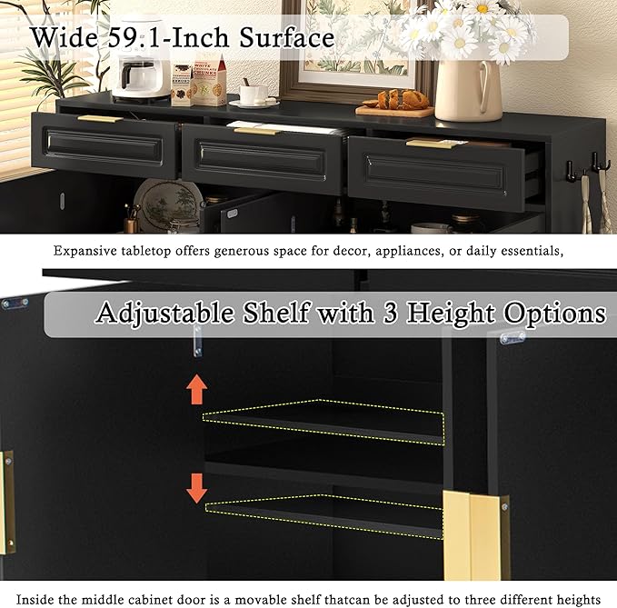 Buffet Table with 3 Drawers, 59.1" Multi-Functional Buffet Cabinet with Storage, Sideboard Cabinet with Adjustable Shelf for Dining Room, Living Room, Entryway, Black