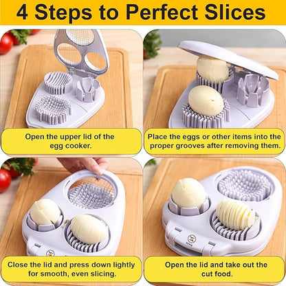 Egg Slicer for Hard Boiled Eggs – 3-in-1 Stainless Steel Egg Cutter & Hard Boiled Egg Slicer, Heavy Duty Egg Chopper with Cleaning Brush for Strawberry, Mushroom, Grape, Cherry Tomato