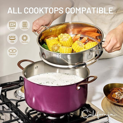 CAROTE 8QT Full Clad Tri Ply Stainless Steel Stock Pot with Lid, Kitchen Stockpot Soup Pot, Outer Ceramic Layer, Even Heating, All Stoves Compatible, Oven & Dishwasher Safe, Stay Cool Handle, Purple