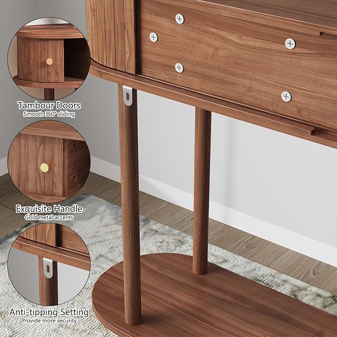 ARTPOWER Modern Entryway Table with Wood Tambour Door, Accent Behind Couch Sofa Console with Storage, Fluted Side Table for Hallway, Living Room, Foyer, Brown