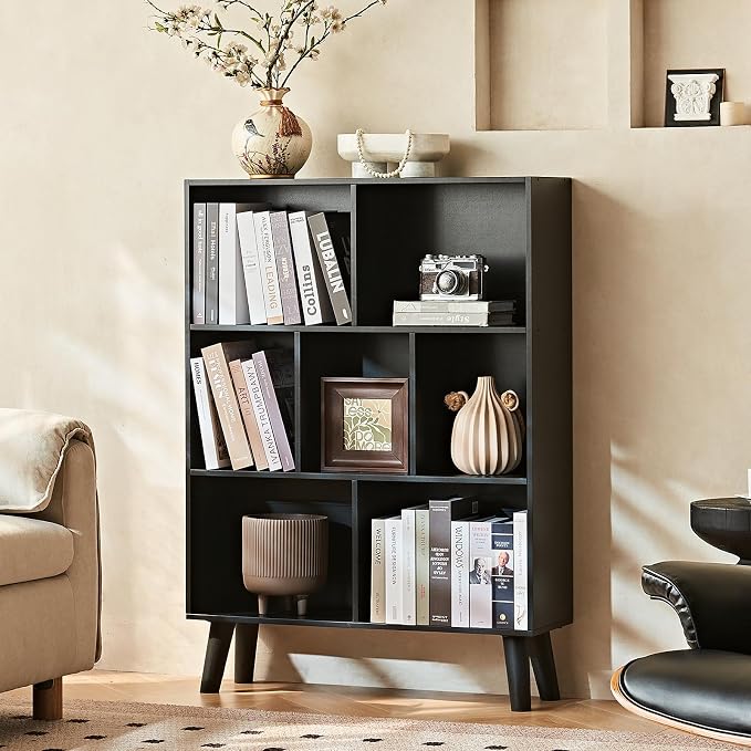 LEYAOYAO 7 Cube Black Bookshelf, 3 Tier Modern Bookcase with Legs, Wood Cubeicals Organizer Storage Open Shelves, Retro Display Book Shelf, Freestanding Short Book case for Bedroom,Living Room,Office