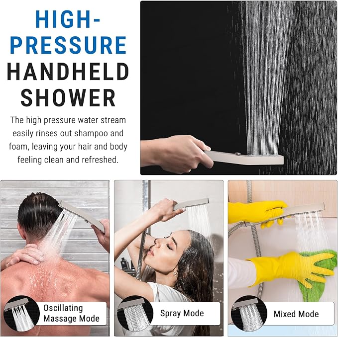 G-Promise All Metal 10 Inch Rain Shower Head with Massage Mode Handheld Spray Combo, 3-Way Diverter with Pause Setting, Full Body Coverage, Modern Bathroom Upgrade (Brushed Nickel)