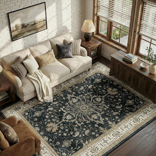 RELEANY Area Rugs 6'x9' Washable Non-Slip, Floral Vintage Distress Medallion Carpet for Living Room Bedroom Dining Room, Vintage Black Brown Neutral