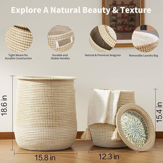 Laundry Hamper Basket 2-Pack - Natural Seagrass Handmade Storage Hamper with Lid, Removable Washable Liner, Storage Basket for Clothes Toys, Decorative Organizer for Bedroom, Bathroom, Living Room