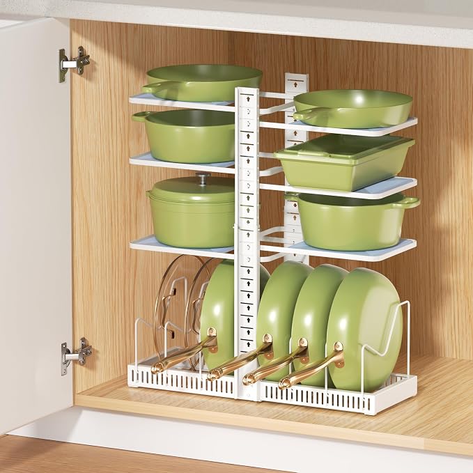 LAMU Pots and Pans Organizer under Cabinet, Pan Pot Organizers inside Cabinet with 6 Shelves and Pot Lid Organizer, Adjustable Height Up to 24", Holds up to 12 Pans, Lightweight Pots, White