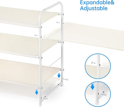 Simple Trending 3-Tier Stackable Shoe Rack, Expandable & Adjustable Fabric Shoe Shelf Storage Organizer, White