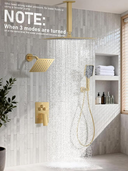 Shower Faucet Set, 10" Ceiling Mount Rainfall Shower System with 2 Rain Shower Head and Multi-function Handheld Head Push Button Diverter Shower Faucet Trim Kit Brushed Gold