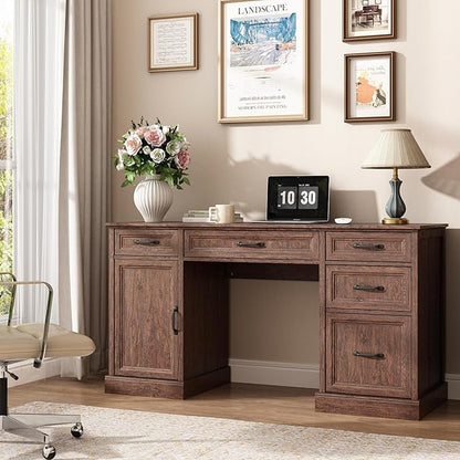 CARPETNAL 58'' Farmhouse Executive Desk with Drawers, Home Office Desk with File Drawer and Storage Cabinet, Rustic Computer Desk for Working, Studying, Writing, Brown
