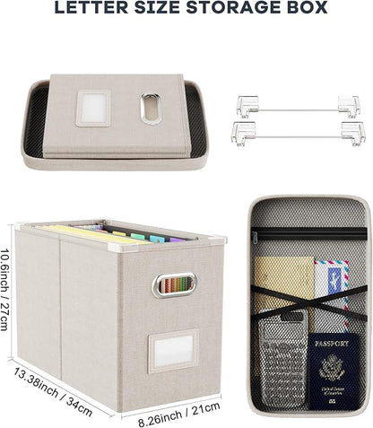 Oterri File Organizer Box with Lid, Hanging Filing File Box with Mesh Pocket, Document Organizer Box for Letter Files, Portable Storage Box with Smooth Sliding Rail for Office&Home (1 PCS, Beige)