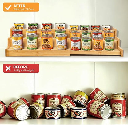Expandable Bamboo Can Rack Organizer, 3 Tier Canned Food Storage Holder for Pantry, Adjustable Pantry Soda Can Organizer Shelf for Kitchen Spice, Countertop, Cat Food, Cabinet Storage Hold for 24 Cans