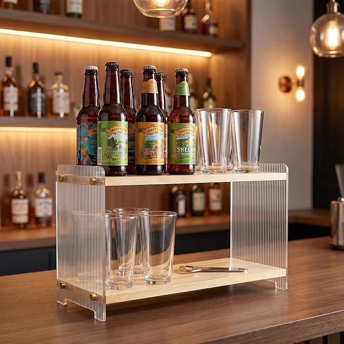 Coffee Station Organizer 2 Tier, Solid Wood Mug Shelffor Coffee Bar,Matcha Station,Tea Storage - Holds Mugs,Beans,Syrup,Cups,Tirrers (Solid Pine Wood Color, 15.4" L x 5.7" W x 8.2" H)