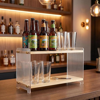 Coffee Station Organizer 2 Tier, Solid Wood Mug Shelffor Coffee Bar,Matcha Station,Tea Storage - Holds Mugs,Beans,Syrup,Cups,Tirrers (Solid Pine Wood Color, 15.4" L x 5.7" W x 8.2" H)