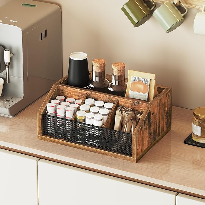 YATINEY Coffee Pod Organizer, Wooden Coffee Bar Organizer for Countertop, Versatile Pod Holder with Dividers, Holds Syrup, Cups, Tea Bags, Easy Assembly, Rustic Brown KH11BR
