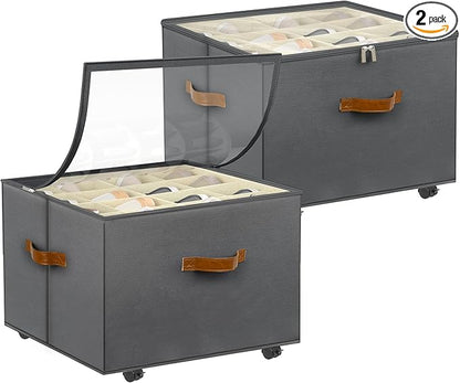 Shoe Organizer for Closet, 2 Pack Shoe Storage Organizer with Wheels and Adjustable Dividers, Stackable Shoe Storage Box with Clear Cover, Closet Shoe Organizer Fits up to 16-32 Pairs, Gray