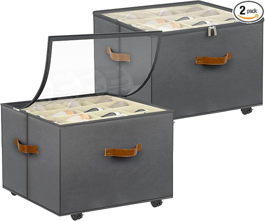 Foyego Shoe Organizer for Closet, 2 Pack Shoe Storage Organizer with Wheels and Adjustable Dividers, Stackable Shoe Storage Box with Clear Cover, Closet Shoe Organizer Fits up to 16-32 Pairs, Gray
