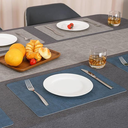 Myir JUN Reversible Vinyl Placemats Set of 6, Faux Leather Place Mats Dual Sided Waterproof Wipeable, Heat-Resistant Table Mats for Kitchen Dining Indoor Outdoor (12" x 17", Light Gray Navy Blue)