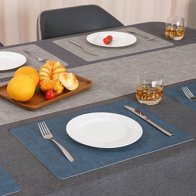 Myir JUN Reversible Vinyl Placemats Set of 4, Faux Leather Place Mats Dual Sided Waterproof Wipeable, Heat-Resistant Table Mats for Kitchen Dining Indoor Outdoor (12" x 17", Light Gray Navy Blue)