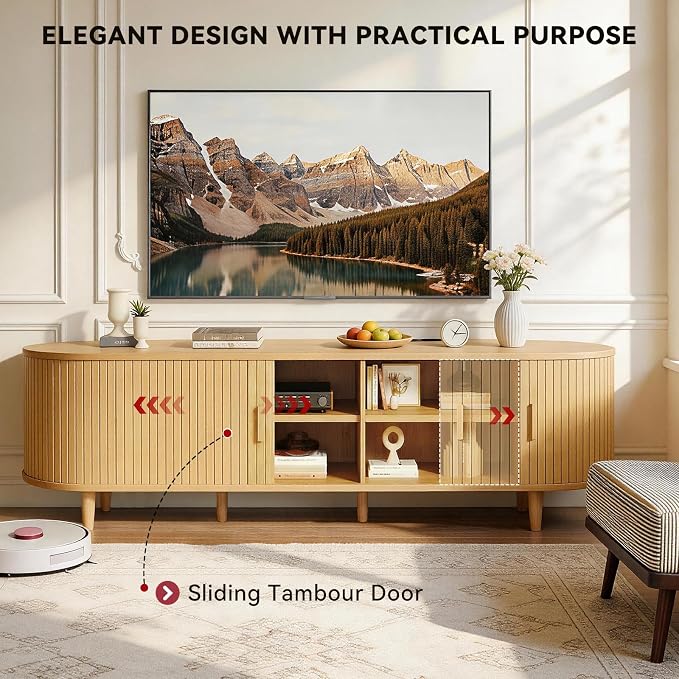 70" Mid Century Modern TV Stand with Power Outlet, Fluted Entertainment Center with Storage and Adjustable Shelves, Wood TV Console with Sliding Doors for Living Room, Oak