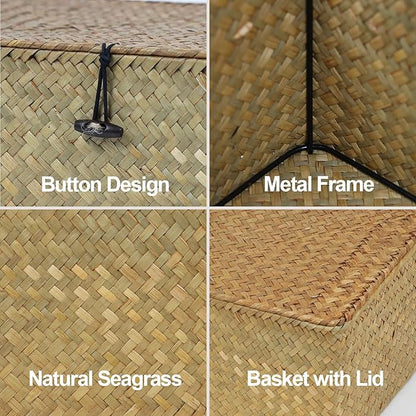 Wicker Storage Basket with Lid, Natural Seagrass Woven Shelf Basket for Storage, Rectangular Decorative Storage Bins Boxes Home Organizer Decor (Natural, Medium)