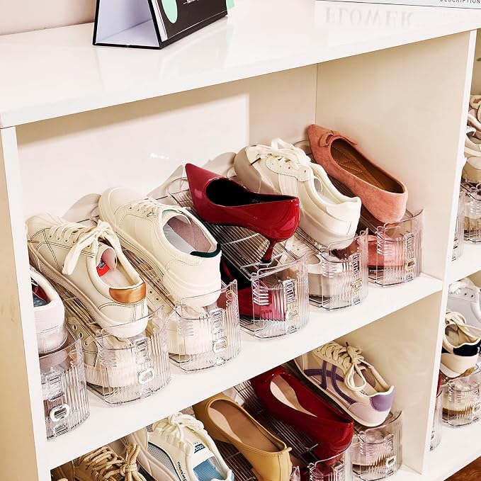 Shoe Slots Organizer, 24 Pack Transparent Shoe Stackers for A Pair of Shoes, 3 Levels Adjustable Doulbe Deck Shoe Holder 50% Space Saver for Closet Organization